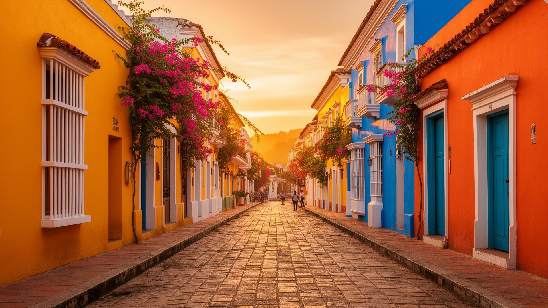 Calle colonial colorida en Cartagena al atardecer